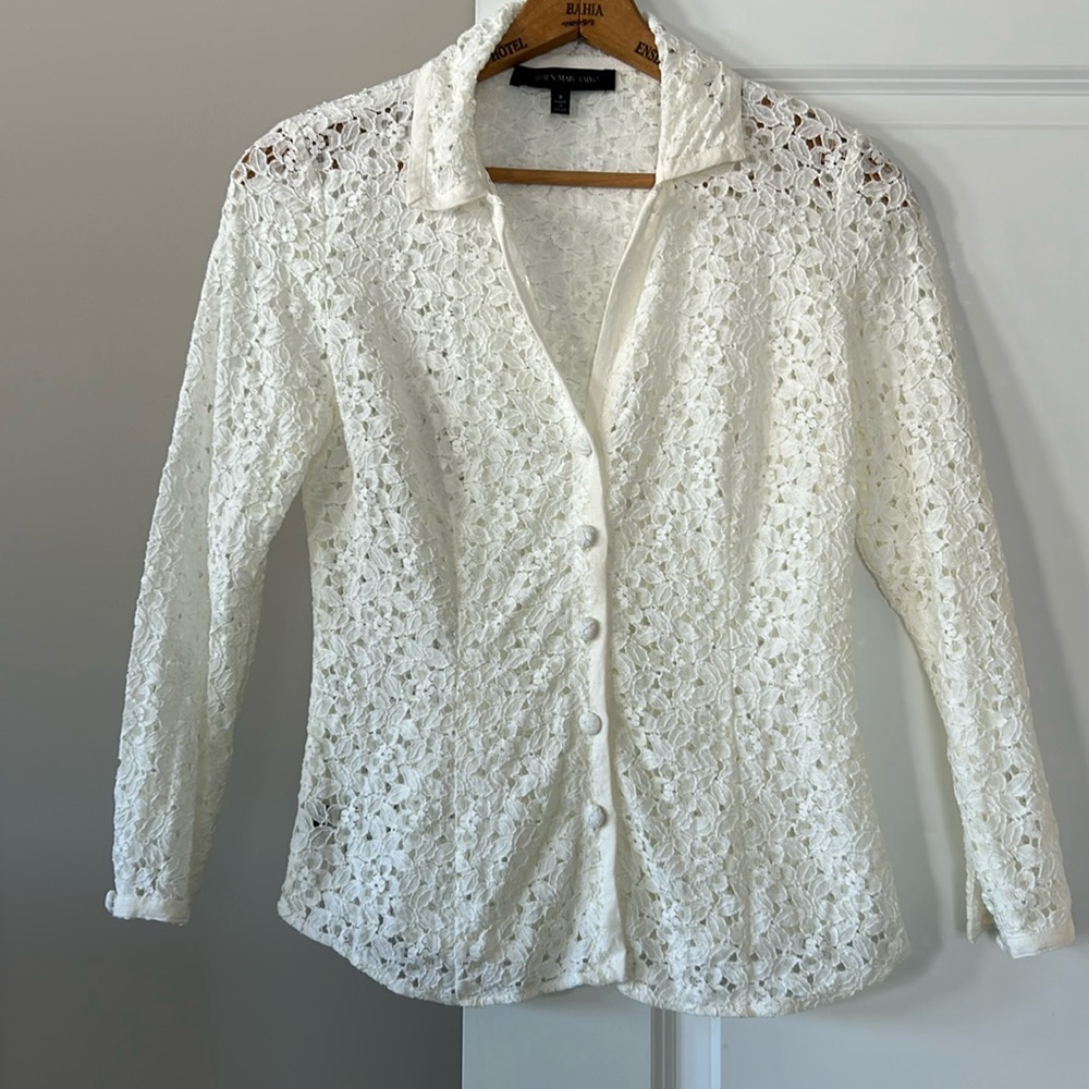 Carmen Marc Valvo Semi-Sheer Floral Lace Collared Creamy White Blouse